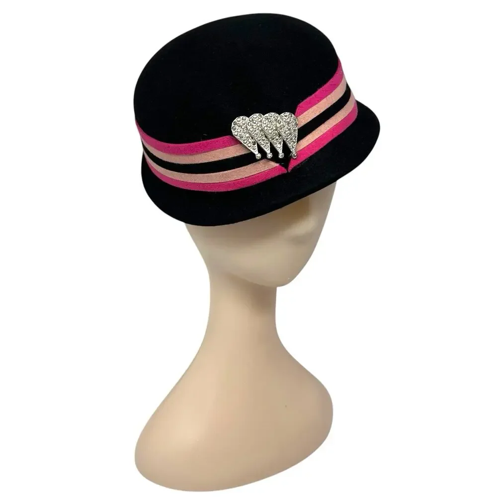 Vintage 1960s Fur Felt Pillbox Hat Pink Black Rhinestone Brooch Jackie O - Picture 2 of 10